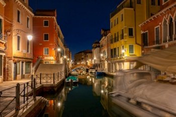 Typical Venetian canal with bridge at night, Venice, Italy. Typical Venetian canal in Venice, Italy