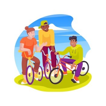 BMX isolated cartoon vector illustration. Group of teenage boys sitting on bmx and talking, getting adrenaline, extreme sport, active lifestyle, leisure time with friends vector cartoon.. BMX isolated cartoon vector illustration.