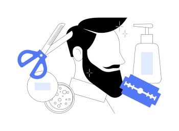 Barbershop abstract concept vector illustration. Haircut service, beard shaving, moustache trimming, mans style, hairdresser scissors, hairstylist chair, professional care abstract metaphor.. Barbershop abstract concept vector illustration.