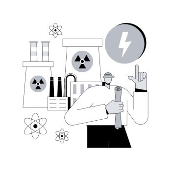 Nuclear energy abstract concept vector illustration. Nuclear power plant, sustainable energy source, cooling towers, uranium atom, distribution system, generate electricity abstract metaphor.. Nuclear energy abstract concept vector illustration.