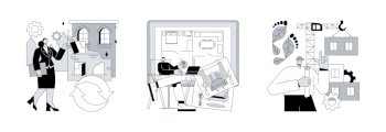Architecture and building abstract concept vector illustration set. Old buildings modernization, interior design, modular home, design studio, house decoration, green construction abstract metaphor.. Architecture and building abstract concept vector illustrations.