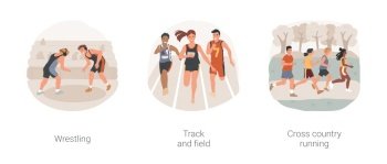 Sport and fitness in high school isolated cartoon vector illustration set. Wrestling high school competition, power training, track and field training, cross country running vector cartoon.. Sport and fitness in high school isolated cartoon vector illustration set.