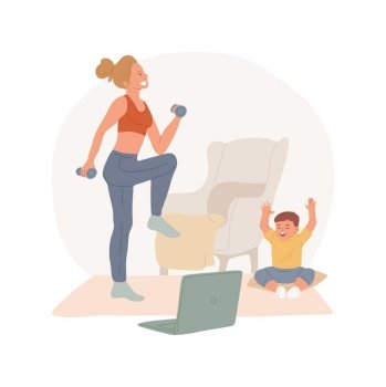 Online aerobics isolated cartoon vector illustration. Young mom doing online exercises and taking care of baby, modern motherhood, family life, physical activity at home vector cartoon.. Online aerobics isolated cartoon vector illustration.