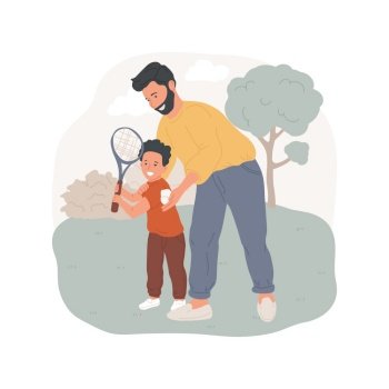 Badminton isolated cartoon vector illustration. Father and son playing badminton together, beat a shuttlecock with a racket, family active lifestyle, family physical activity vector cartoon.. Badminton isolated cartoon vector illustration.