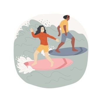 Surfing isolated cartoon vector illustration. Group of happy teenagers surfing together, extreme summer sport, active lifestyle, leisure time together, having fun on beach vector cartoon.. Surfing isolated cartoon vector illustration.