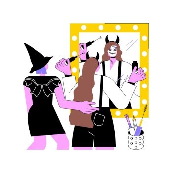 Halloween makeup isolated cartoon vector illustrations. Beautiful girl in spooky costumes do traditional scary Halloween makeup, friends having fun, party preparation vector cartoon.. Halloween makeup isolated cartoon vector illustrations.