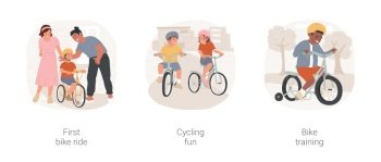 Learn cycling isolated cartoon vector illustration set. First ride, parent help kid to go on bicycle, children cycle together, have fun, small bike with training wheels, active life vector cartoon.. Learn cycling isolated cartoon vector illustration set.