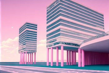 Vaporwave landscape with abstract building with pillars. 80s styled pink and blue minimalistic architectural scene. Generated AI. Vaporwave landscape with abstract building with pillars. 80s styled pink and blue minimalistic architectural scene. Generated AI.