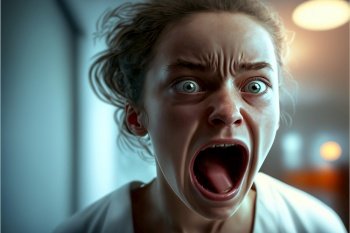 A fictional person. Desperate woman screaming created by generative AI technology 