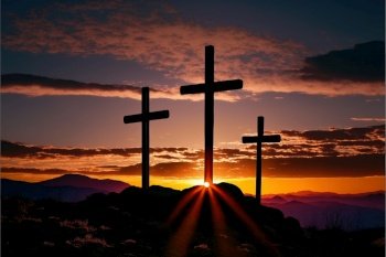 Three crosses stand on a barren, windswept terrain, silhouetted against a darkening sky, as the sun sets behind them created by generative AI