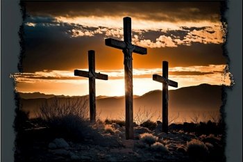Three crosses stand on a barren, windswept terrain, silhouetted against a darkening sky, as the sun sets behind them created by generative AI