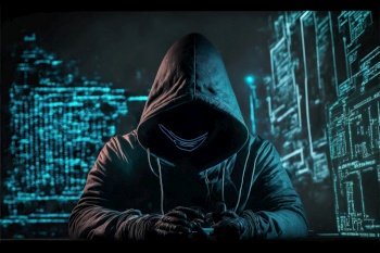 Anonymous hacker with hood and mask sitting next to computer.Generative AI 