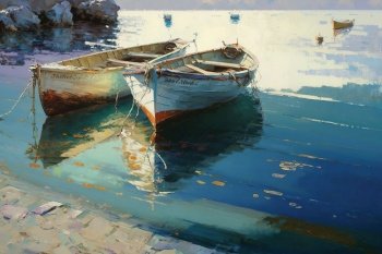 oil painting of colourful boats. Modern Art created by generative AI	