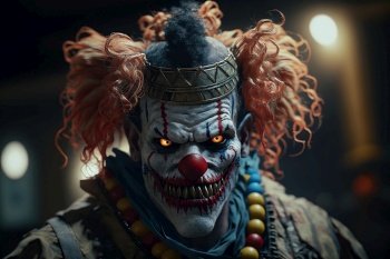 Creepy  clown  horror, dark background, a fictional person created by generative AI 
