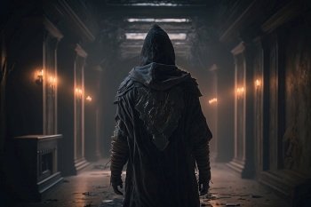 A spooky dark hooded figure walks along an abandoned hallway of a haunted mansion created by generative AI
