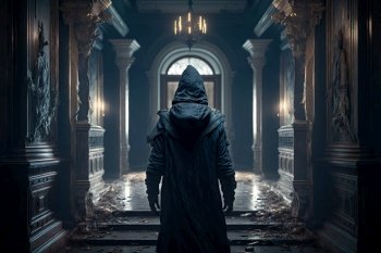 A spooky dark hooded figure walks along an abandoned hallway of a haunted mansion created by generative AI