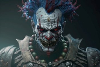 Creepy zombie cyborg clown  horror, dark background, a fictional person created by generative AI 