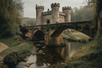 medieval castle with bridge and blue sky created by generative AI