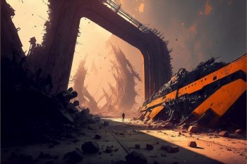 A set of heavy rails curving through the ruins of an abandoned alien space port.created by generative AI 
