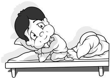 Drawing of a Boy in Pajamas in Bed - Cartoon Illustration Isolated on White Background, Vector