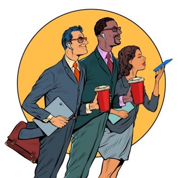 multiethnic group of businessmen and businesswomen with morning coffee, heroic pose. Business team. Pop art retro vector illustration kitsch vintage 50s 60s style. multiethnic group of businessmen and businesswomen with morning coffee, heroic pose. Business team