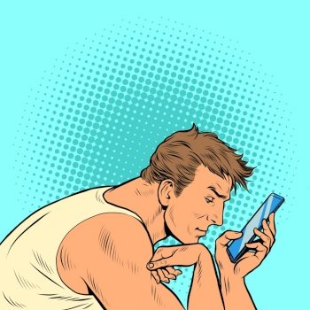 a man surfs in the smartphone in the morning. Businessman daily routine. Pop art retro vector illustration kitsch vintage 50s 60 style. a man surfs in the smartphone in the morning. Businessman daily routine