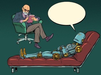 A male psychotherapist at a psychotherapy session, listens to a robot patient, sits in a chair and makes notes in a notebook. Pop art retro vector illustration 50s 60s vintage kitsch style. A male psychotherapist at a psychotherapy session, listens to a robot patient, sits in a chair and makes notes in a notebook