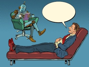 A robot psychotherapist at a psychotherapy session with a patient, listens to a businessman, sits in a chair and makes notes in a notebook. Pop art retro vector illustration 50s 60s vintage kitsch style. A robot psychotherapist at a psychotherapy session with a patient, listens to a businessman, sits in a chair and makes notes in a notebook
