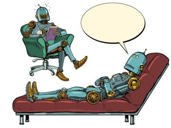 A robot psychotherapist at a psychotherapy session with a patient, listens to the robot, laughs and makes notes in a notebook. Pop art retro vector illustration 50s 60s vintage kitsch style. A robot psychotherapist at a psychotherapy session with a patient, listens to the robot, laughs and makes notes in a notebook