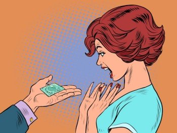 A man gives a woman a condom. Sexual intimacy. Date Pop art Retro vector illustration 50e 60 style. A man gives a woman a condom. Sexual intimacy. Date