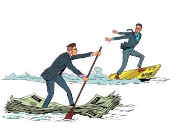 Businessmen are sailing. Competition of cash and electronic money on a plastic card. Pop art Retro vector illustration 50e 60 style. Businessmen are sailing. Competition of cash and electronic money on a plastic card