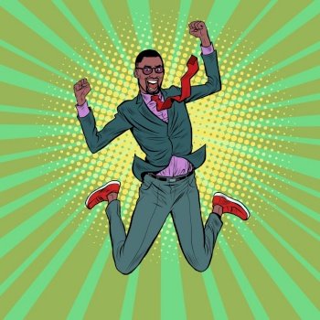 black Businessman jump of joy, victory. Successful dent. Man in a business suit in a funny pose of joy. Pop art retro vector illustration 50s 60 vintage kitsch style. black Businessman jump of joy, victory. Successful dent. Man in a business suit in a funny pose of joy