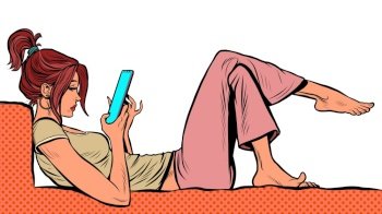 a young woman lies and watches a smartphone, the Internet and online social networks. Pop Art Retro Vector Illustration 50s 60s Kitsch Vintage Style. a young woman lies and watches a smartphone, the Internet and online social networks