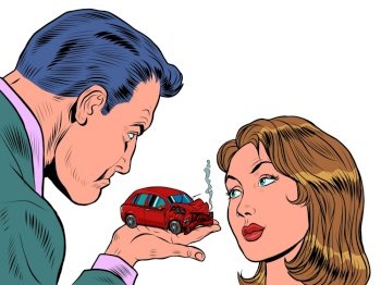 A man blames a woman for a car accident. Insurance agent. A red car crashed in an accident. Passenger transport. Danger on the road. Pop art Retro vector illustration 50e 60 style. A man blames a woman for a car accident. Insurance agent. A red car crashed in an accident. Passenger transport. Danger on the road