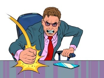 The evil businessman boss hits the table with his fist. Emotions in the office. Angry boss. Pop Art Retro Vector Illustration 50s 60s Vintage kitsch style. The evil businessman boss hits the table with his fist. Emotions in the office. Angry boss