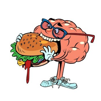 eat delicious fast food burger human brain character, smart wise. Comic cartoon retro vintage illustration. eat delicious fast food burger human brain character, smart wise