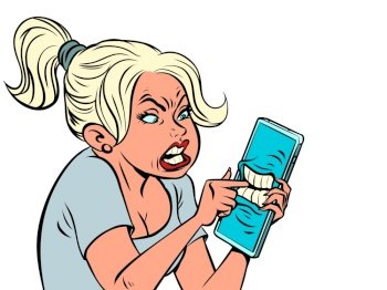 The mobile phone bit the woman s finger. Beautiful girl uses a smartphone, touchscreen phone screen. comic cartoon kitsch vintage style hand drawing illustration. The mobile phone bit the woman s finger. Beautiful girl uses a smartphone, touchscreen phone screen