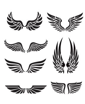 Vector illustration of black silhouette wings emblem collection.