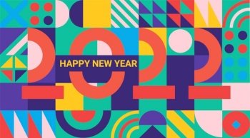 Bright geometric 2022 New Year greeting banner with numbers from lines on background from geometric shapes.Template for card,invitation,flyer, web, cover and calendar.Vector illustration.. Bright geometric 2022 New Year greeting banner.