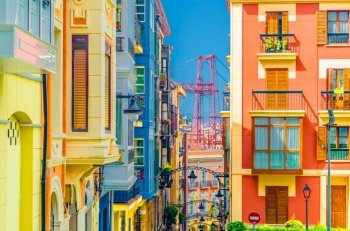 Colorful illustration, architecture detail in Portugalete, Basque Country, Spain