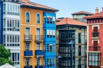 Architectural detail, colorful facades in the old town of  Portugalete, Basque Country, Spain