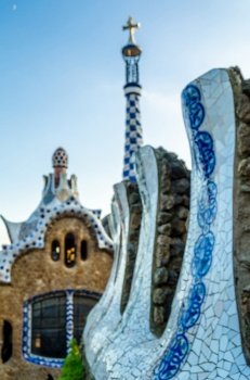 Colorful architectural detail in the famous Park Guell in Barcelona, Catalonia, Spain, designed by  Antoni Gaudi, renowned architect representative of Catalan modernism