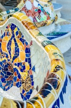 Colorful architectural detail in the famous Park Guell in Barcelona, Catalonia, Spain, designed by  Antoni Gaudi, renowned architect representative of Catalan modernism