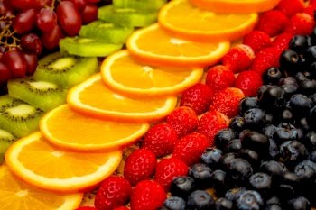 Fresh fruits concept, Arrangement in row of colorful fruits healthy as background.
