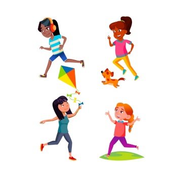 School Girls Teenagers Running Outdoor Set Vector. Schoolgirls Running In Park And Happy Training, Run With Dog Pet And Air Kite Toy. Characters Sport Activity Outside Flat Cartoon Illustrations. School Girls Teenagers Running Outdoor Set Vector