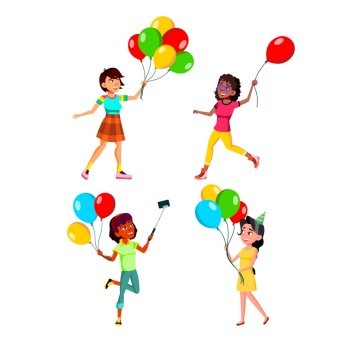Teens Girls Walking With Air Balloons Set Vector. Teenagers Ladies Walk With Multicolored Balloons In Park And Birthday Party, Make Selfie And Running Outdoor. Characters Flat Cartoon Illustrations. Teens Girls Walking With Air Balloons Set Vector
