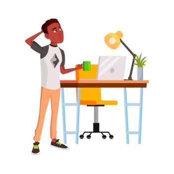 Man Manager Think About Problem In Office Vector. African Young Businessman Holding Drink Cup And Think Strategy Plan. Character Programer Thinking Programming Code Flat Cartoon Illustration. Man Manager Think About Problem In Office Vector