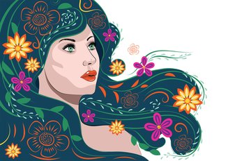 Abstract female portrait with long blue green hair with flowers, colorful illustration.