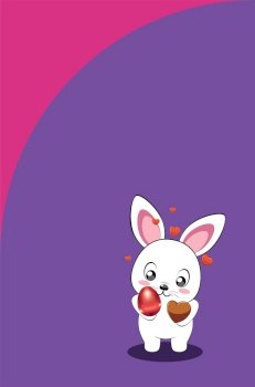 Cute cartoon white bunny, rabbit with colorful Easter eggs greeting card illustration.