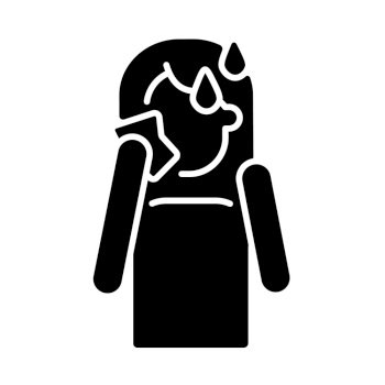 Hot flashes and sweating black glyph icon. Panic attack symptom. High temperature and perspiration due to anxiety. Mental disorder. Silhouette symbol on white space. Vector isolated illustration. Hot flashes and sweating black glyph icon